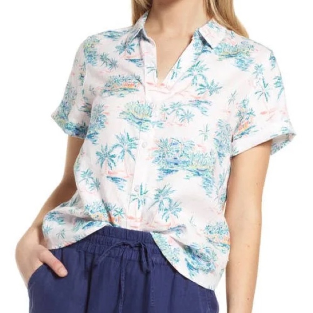 Tommy Bahama Village Linen Short Sleeve Button Front Top White Size Small